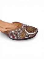 Mukaish with metal work on Brown Leather Jutti