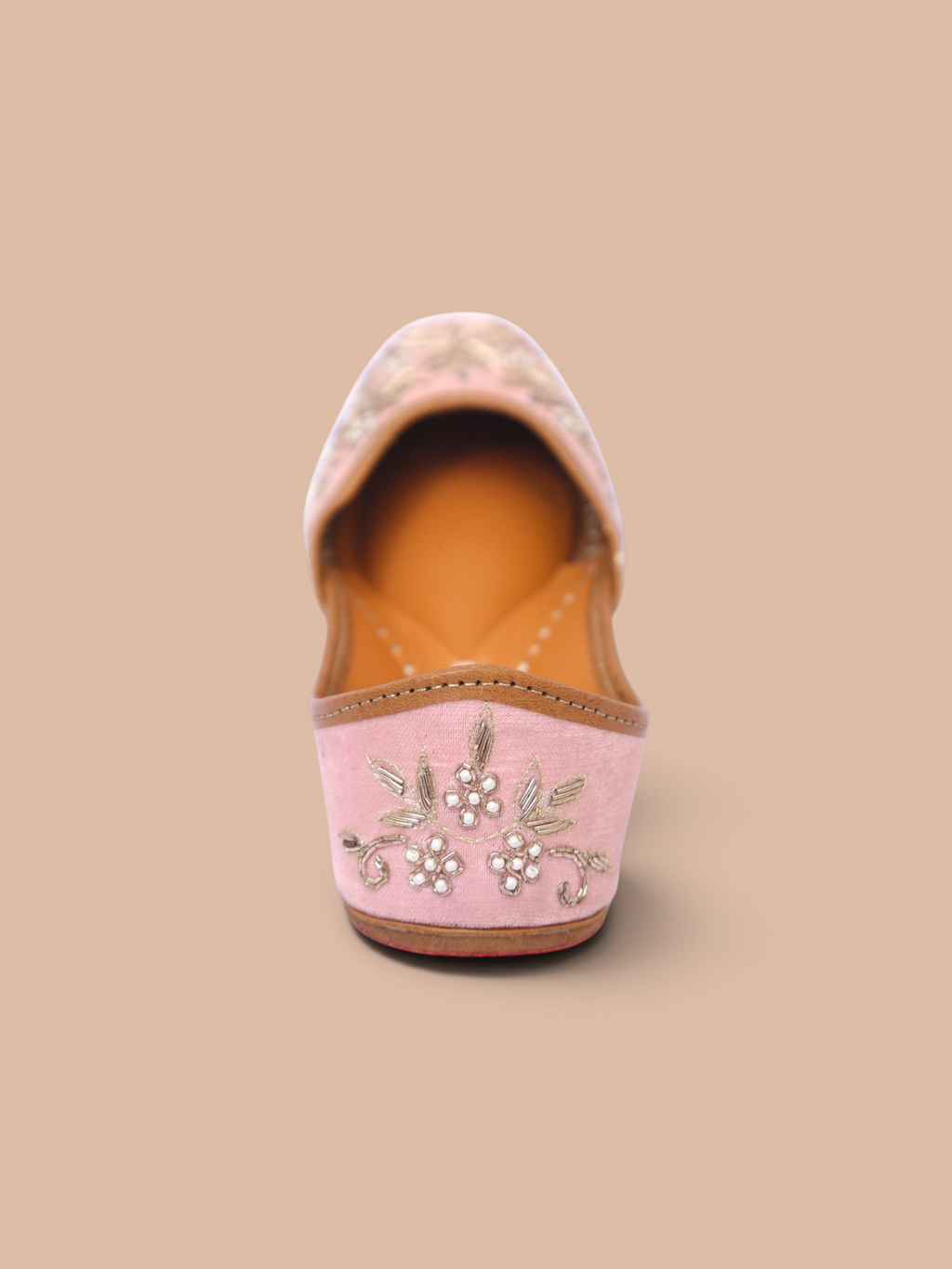ThreadItStudio light pink velvet jutti featuring delicate silver floral embroidery and beadwork on the heel