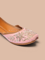 ThreadItStudio light pink velvet jutti featuring intricate gold floral embroidery and pearl bead accents