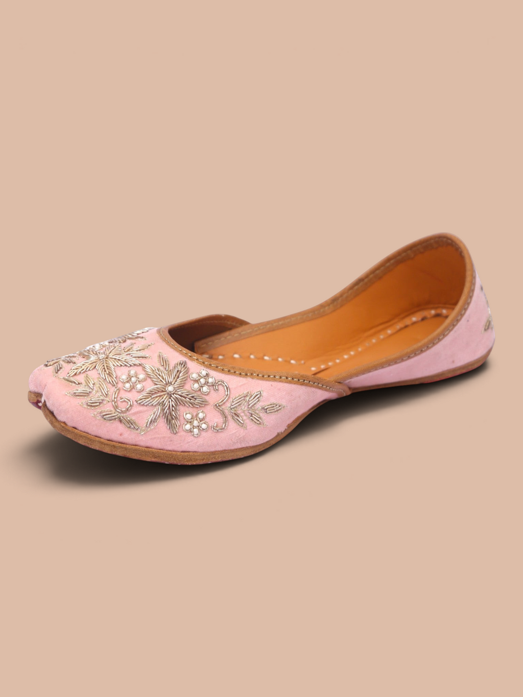 ThreadItStudio light pink velvet jutti featuring intricate silver floral embroidery and a comfortable tan leather lining.