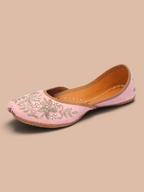 ThreadItStudio light pink velvet jutti featuring intricate silver floral embroidery and a comfortable tan leather lining.