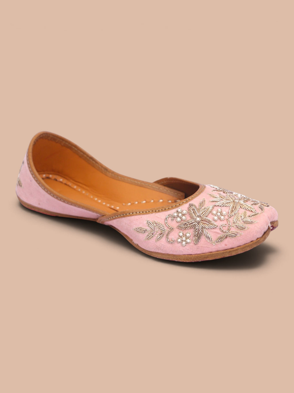 ThreadItStudio light pink velvet jutti with intricate silver floral embroidery and pearl bead accents