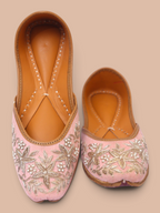 ThreadItStudio light pink velvet jutti featuring intricate gold floral embroidery and pearl bead detailing.