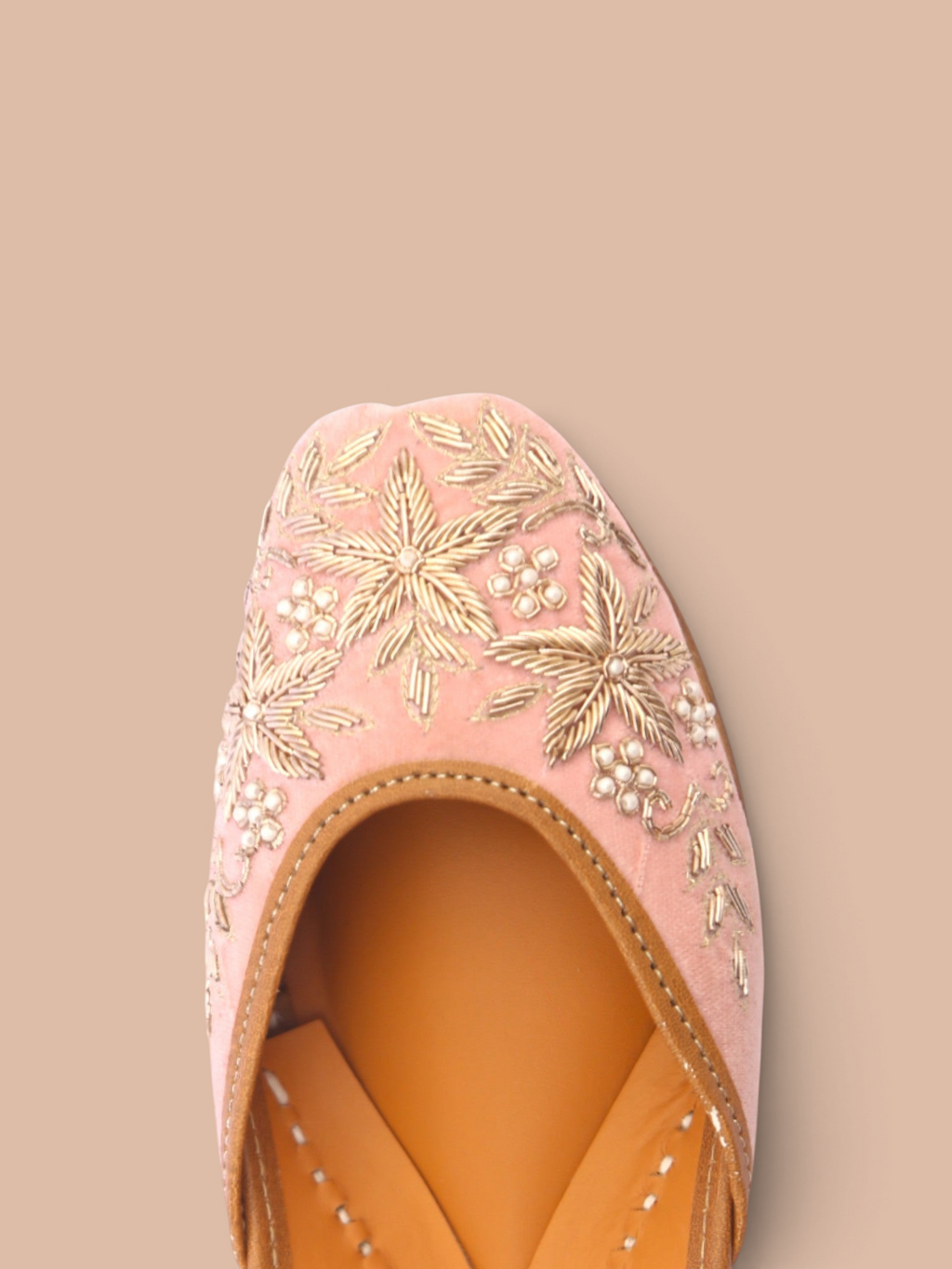 ThreadItStudio light pink velvet jutti featuring intricate gold floral embroidery and pearl bead accents