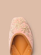 ThreadItStudio light pink velvet jutti featuring intricate gold floral embroidery and pearl bead accents
