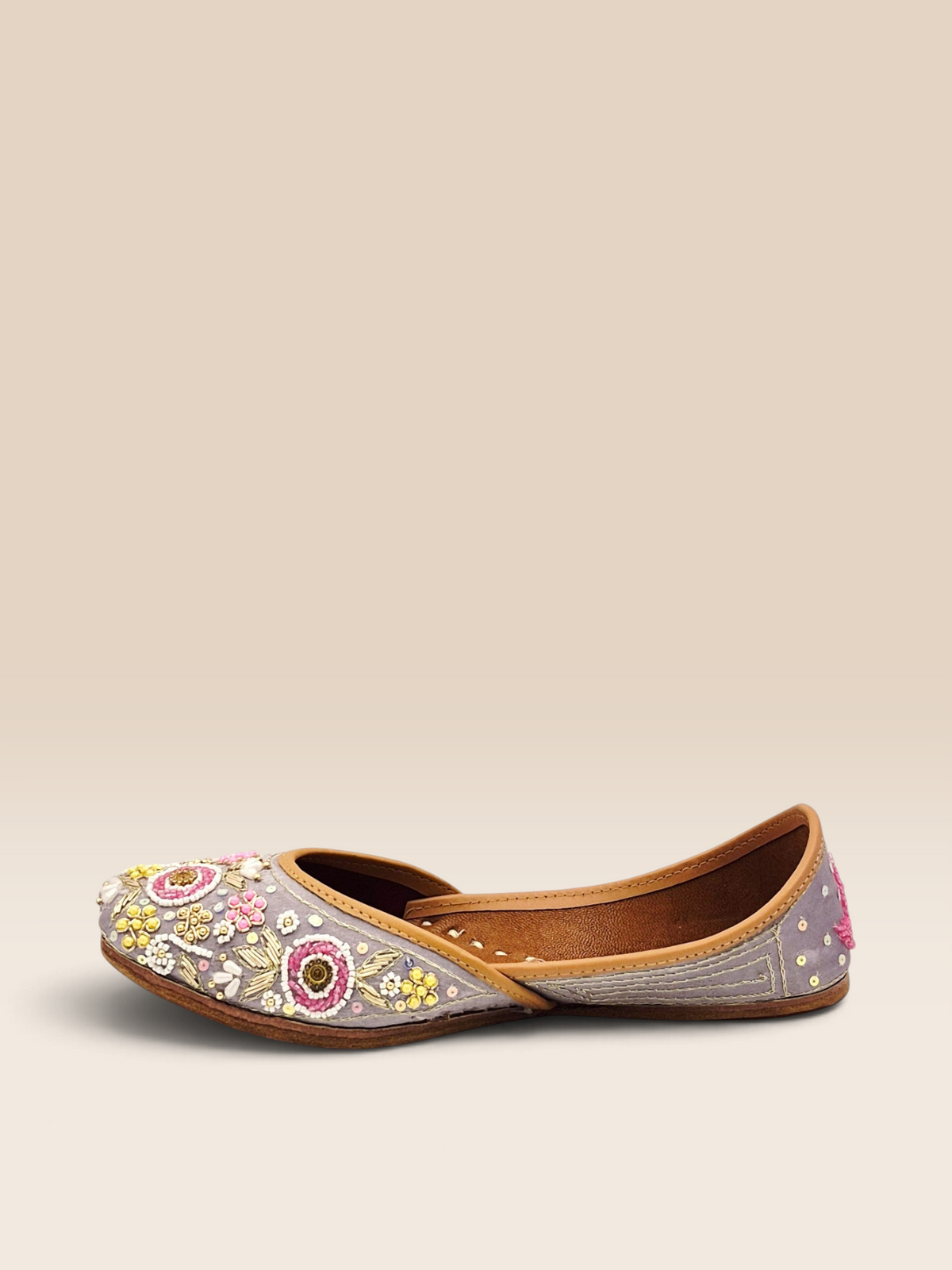 ThreadItStudio lavender handcrafted Punjabi jutti with intricate floral embroidery and traditional beadwork