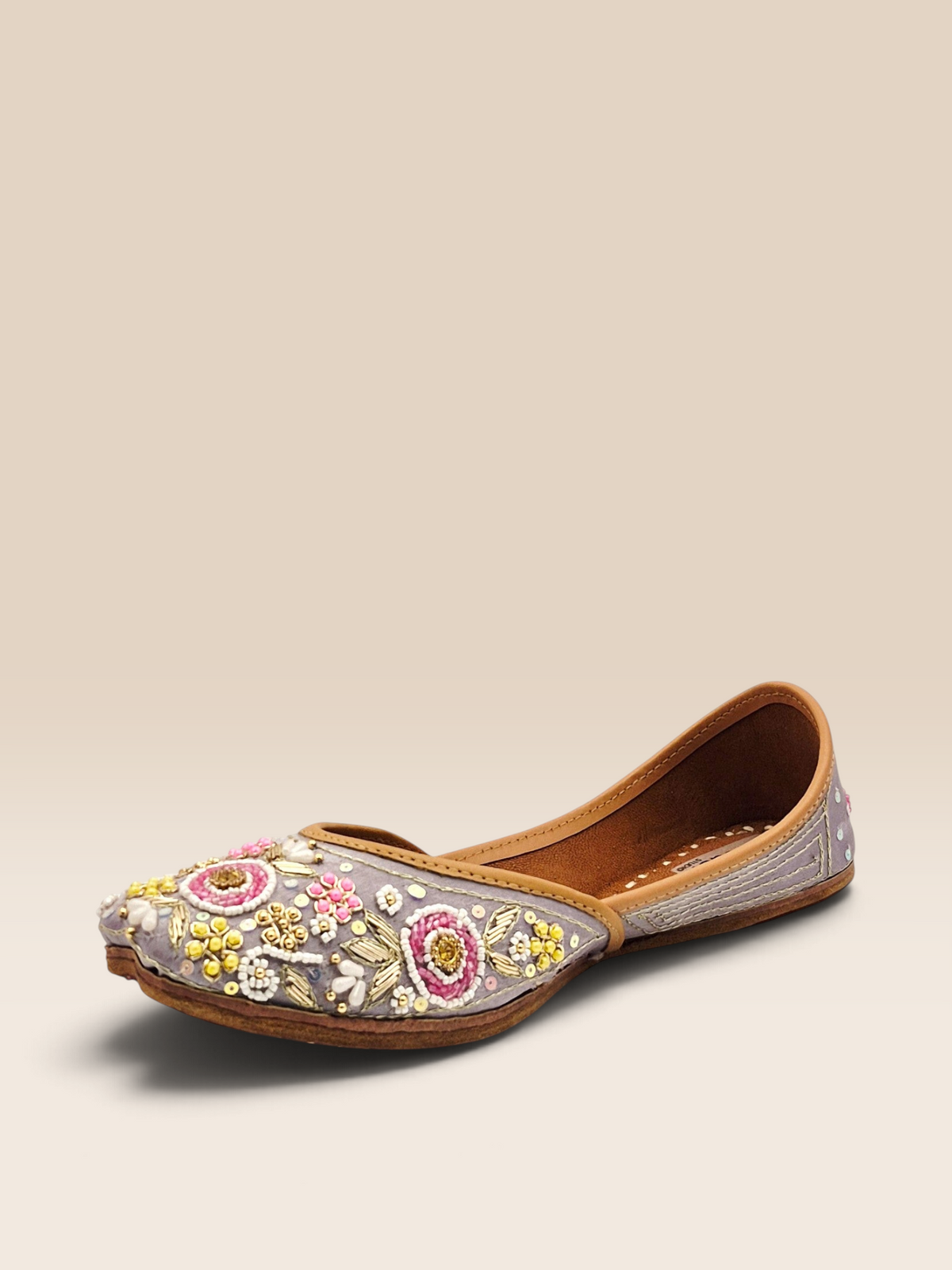 ThreadItStudio lavender handcrafted Punjabi jutti with intricate floral embroidery, beads, and sequins.