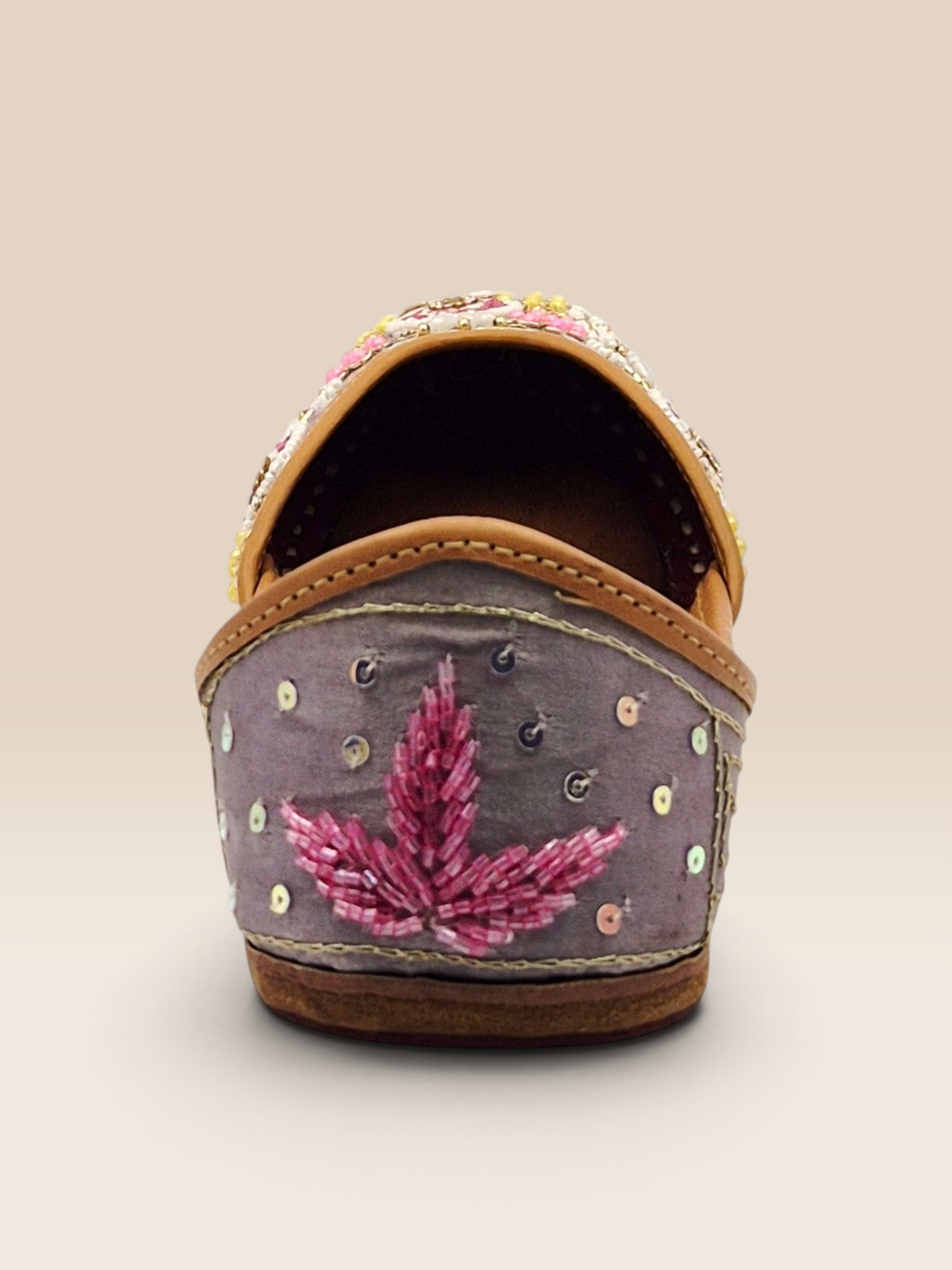 ThreadItStudio handcrafted lavender Punjabi jutti with intricate floral beadwork and sequin embroidery on silk fabric.