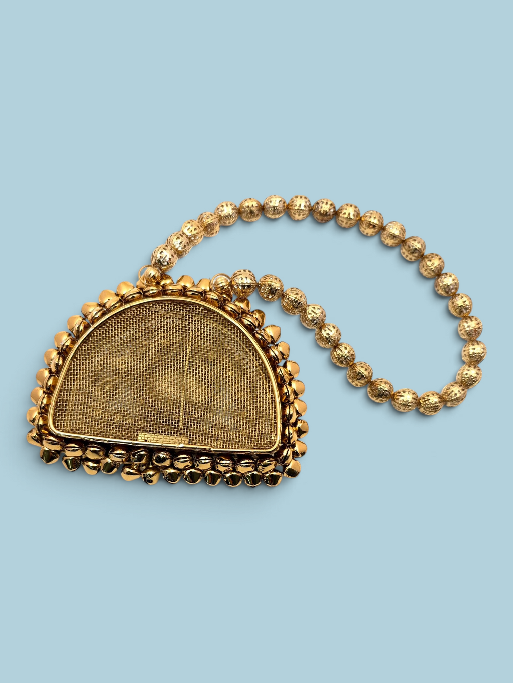 ThreadItStudio Maharani Chaand golden metal clutch with a beaded handle, perfect for festive and wedding ethnic wear.