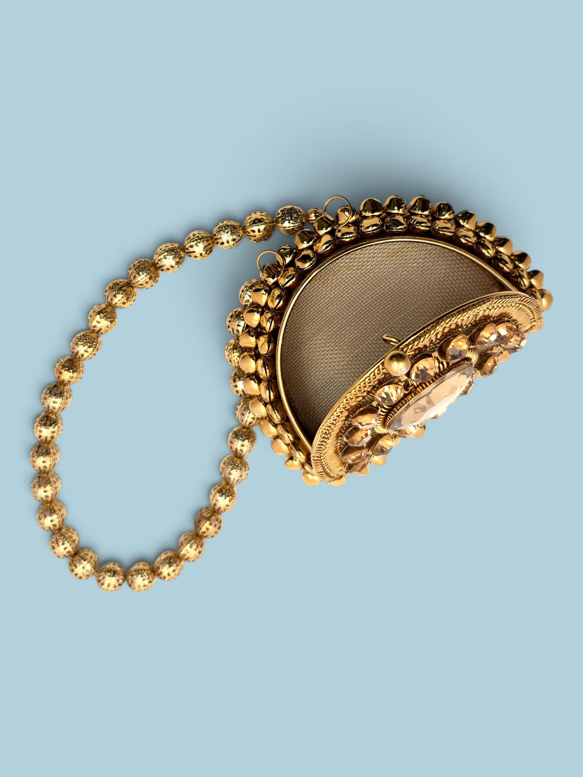 ThreadItStudio Maharani Chaand golden metal clutch with beaded handle and ornate crystal embellishments