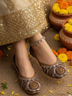 Mukaish with metal work on Brown Leather Jutti