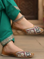 Silver Threaded (Mukaish work) Multi color Leather Jutti