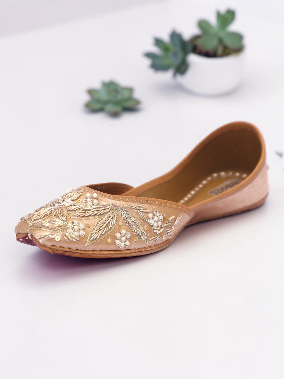 ThreadItStudio handcrafted Shahi Jutti in beige with intricate vintage gilt embroidery and pearl embellishments