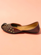 ThreadItStudio brown leather jutti with gold floral embroidery and traditional curved toe for ethnic wear