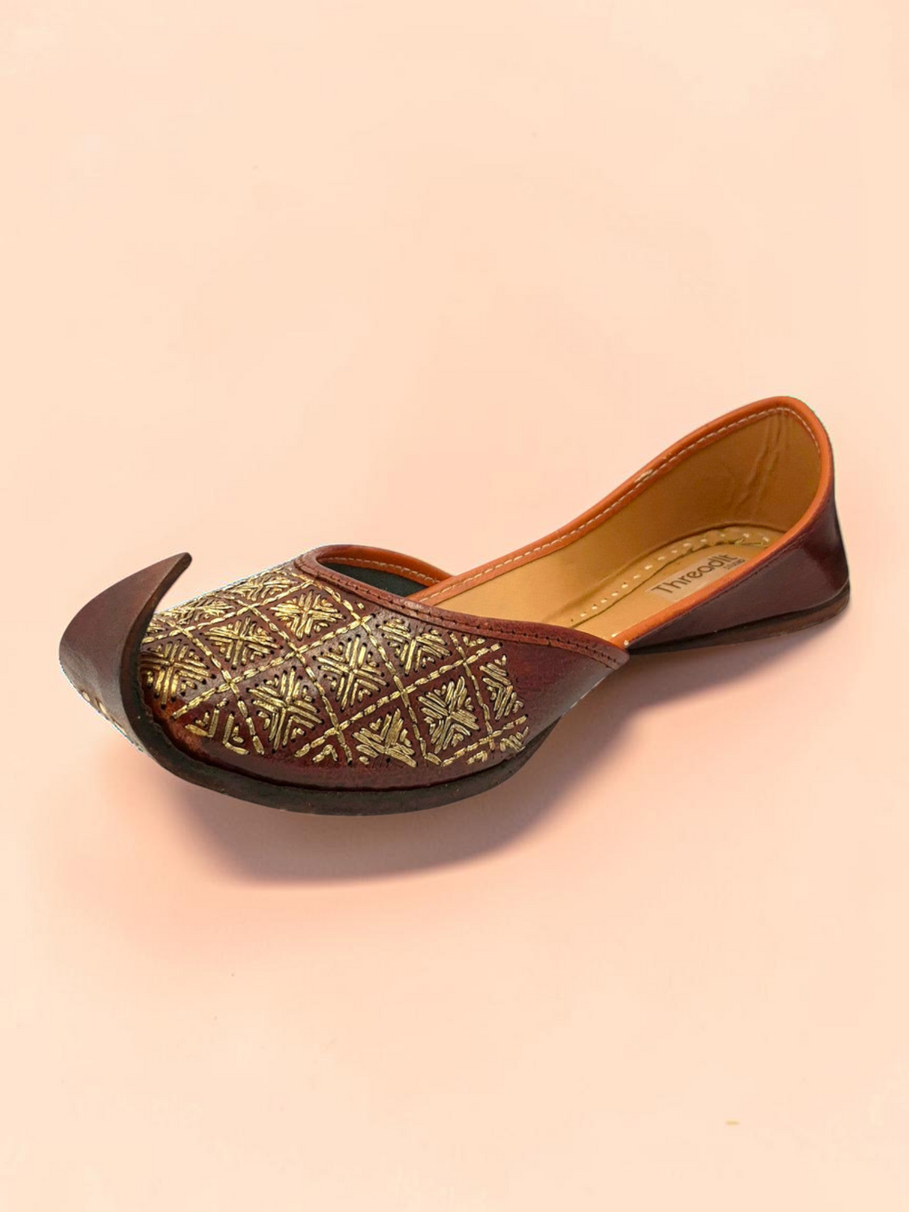 ThreadItStudio brown leather jutti with gold-thread grid embroidery and traditional curved toe box