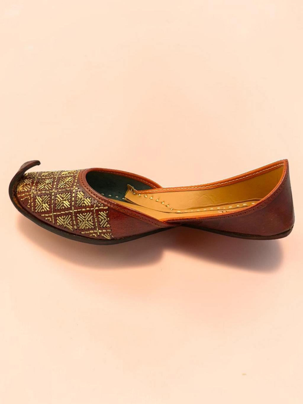 ThreadItStudio Rang Punjab brown leather jutti with gold-thread grid embroidery and a classic curved toe box.