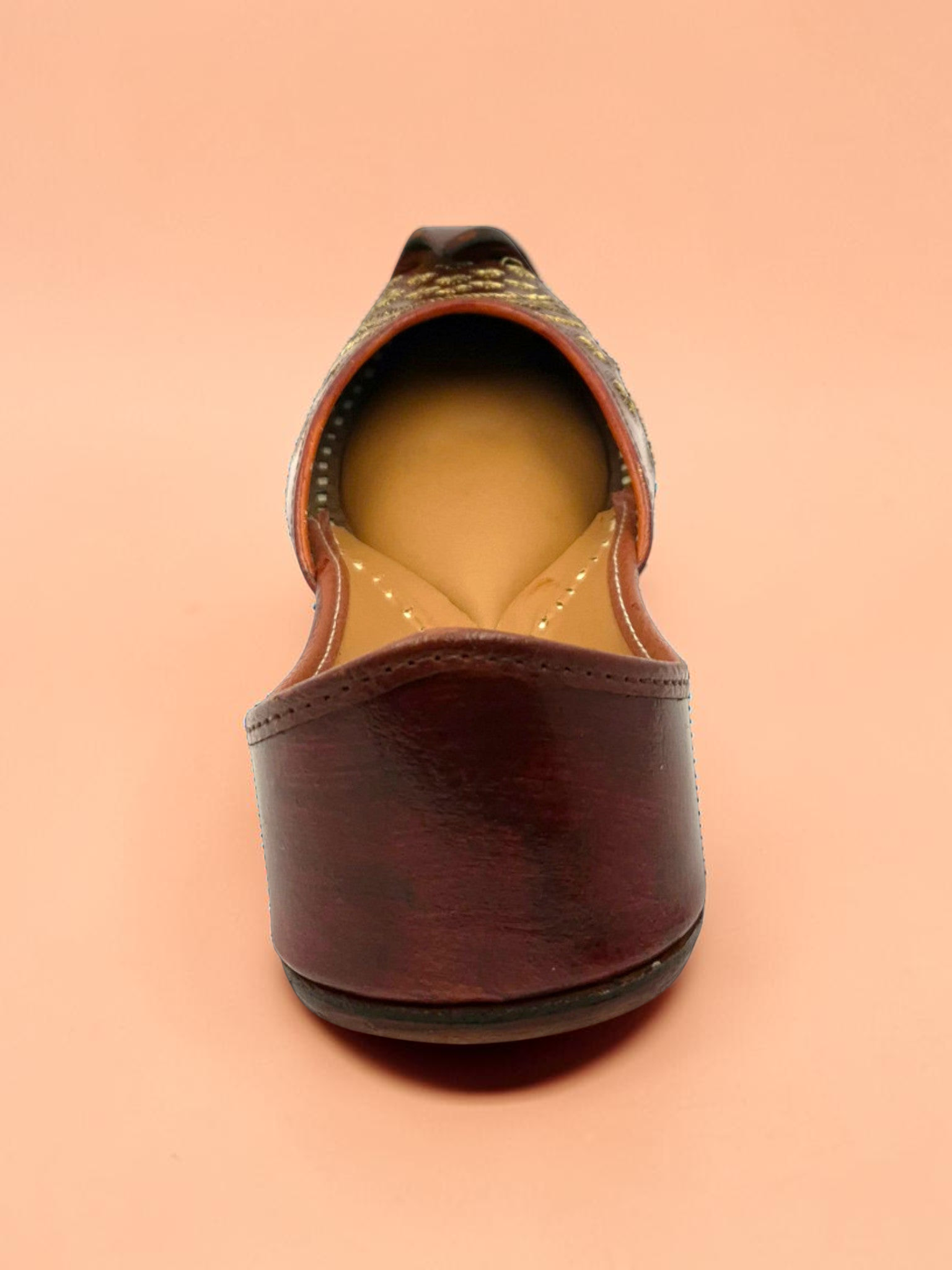 ThreadItStudio Heer Steps brown leather juttis with gold floral embroidery and traditional curved toe design