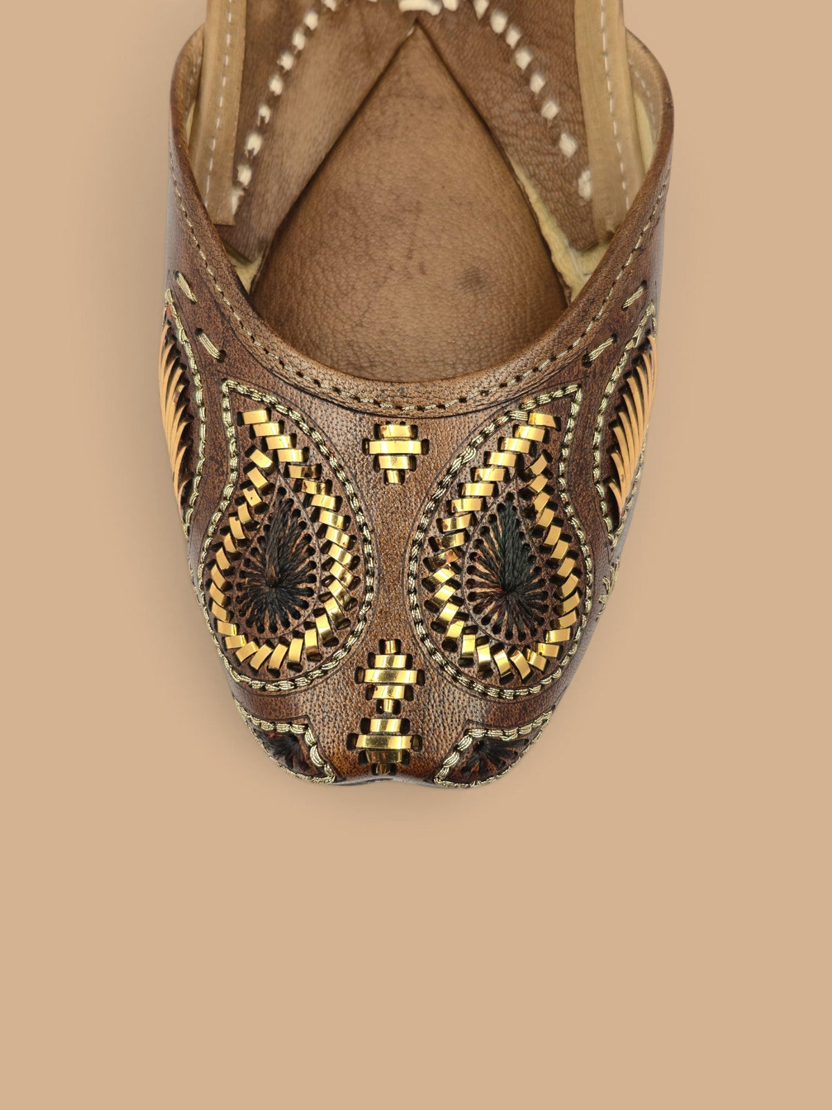 ThreadItStudio Ambi Phulkari brown leather juttis with intricate gold metallic paisley embroidery and handwork