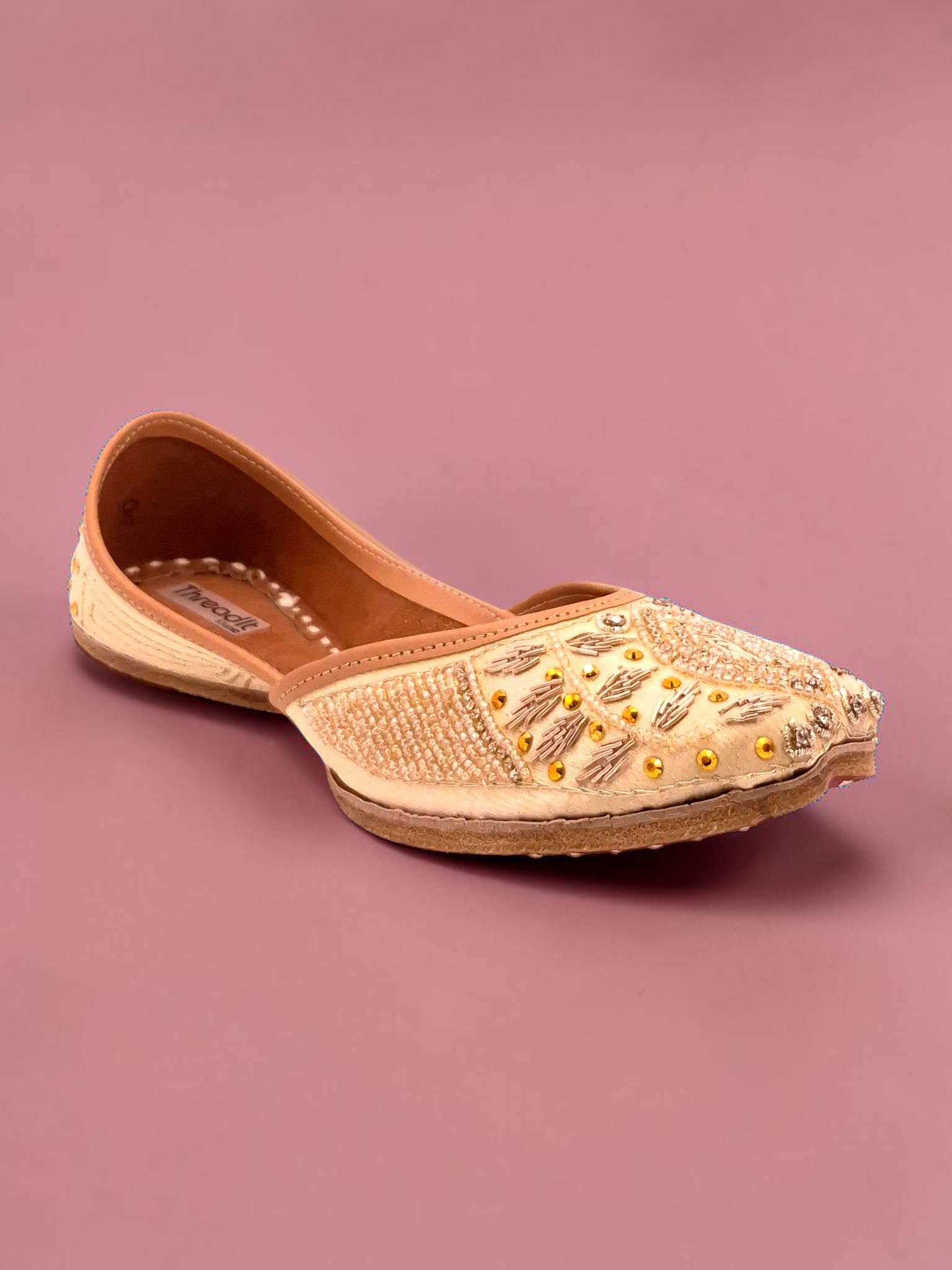 ThreadItStudio Honey Glow Steps artisanal juttis in gold with intricate beadwork and traditional embroidery
