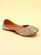 ThreadItStudio golden jutti featuring intricate pearl and sequin embroidery for traditional ethnic wear.