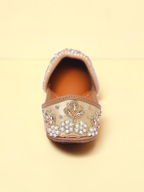 ThreadItStudio golden jutti featuring intricate pearl and bead embroidery on a traditional handcrafted silhouette