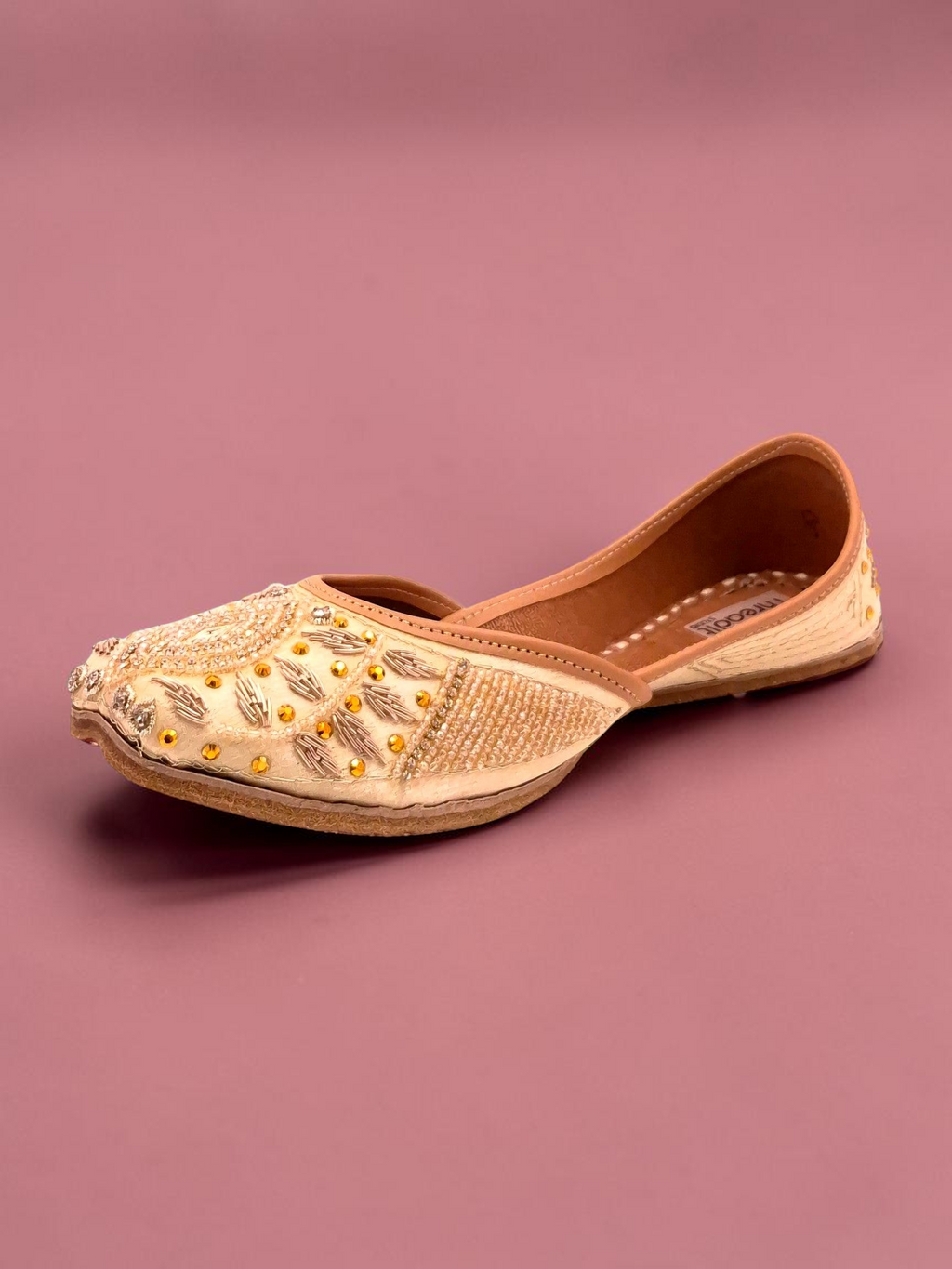 ThreadItStudio Honey Glow Steps handcrafted juttis in cream with intricate gold embroidery and beadwork