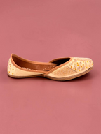 ThreadItStudio Honey Glow Steps handcrafted beige juttis with intricate gold embroidery and beadwork details.