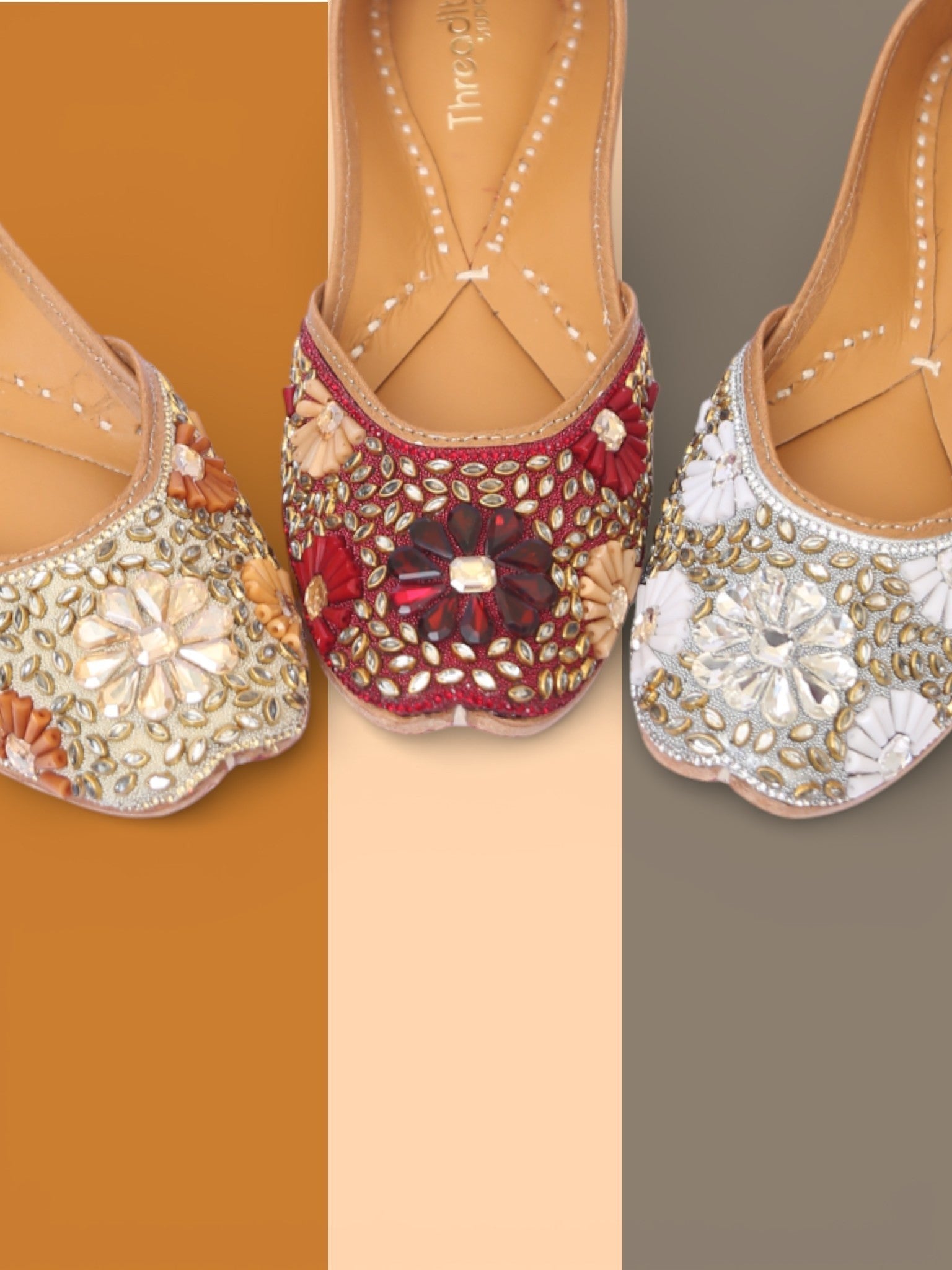 ThreadItStudio handcrafted ethnic juttis featuring intricate kundan beadwork in red, gold, and silver floral patterns.