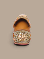 ThreadItStudio handcrafted ethnic jutti featuring intricate gold kundan beadwork and floral embellishments