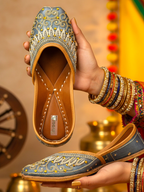 ThreadItStudio midnight blue handcrafted jutti with intricate gold eagle embroidery and traditional leather detailing