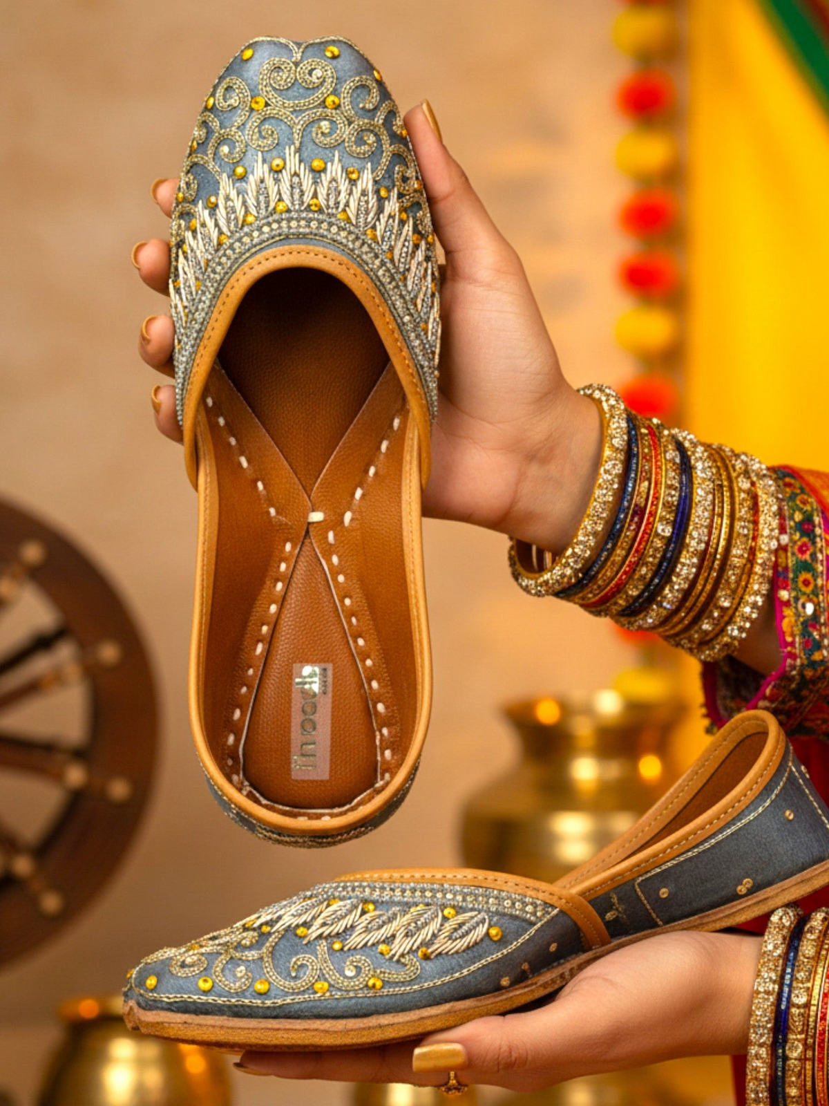 ThreadItStudio midnight blue handcrafted jutti with intricate gold eagle embroidery and traditional leather detailing