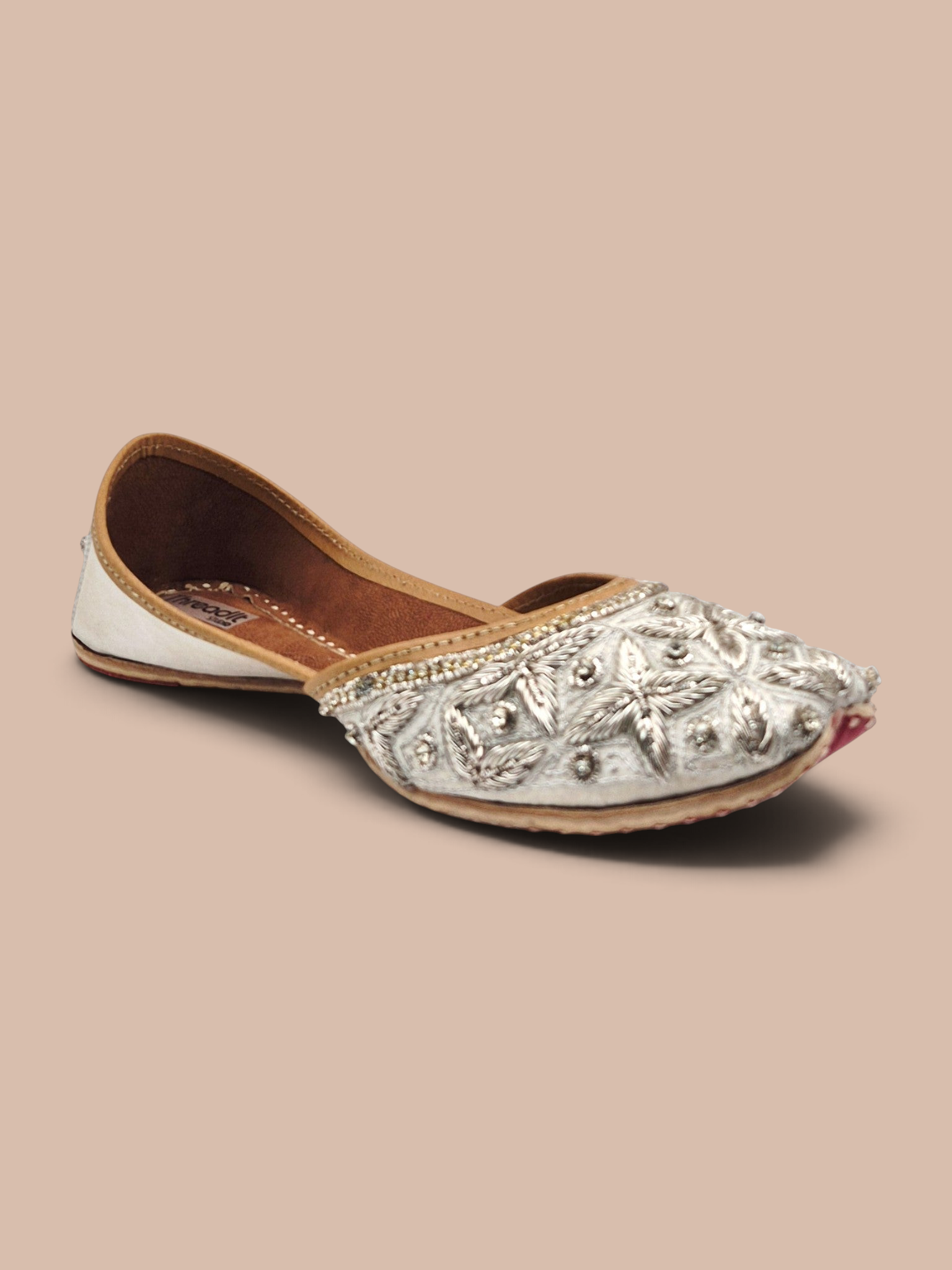 ThreadItStudio silver handcrafted jutti with intricate metallic embroidery for bridal and ethnic party wear