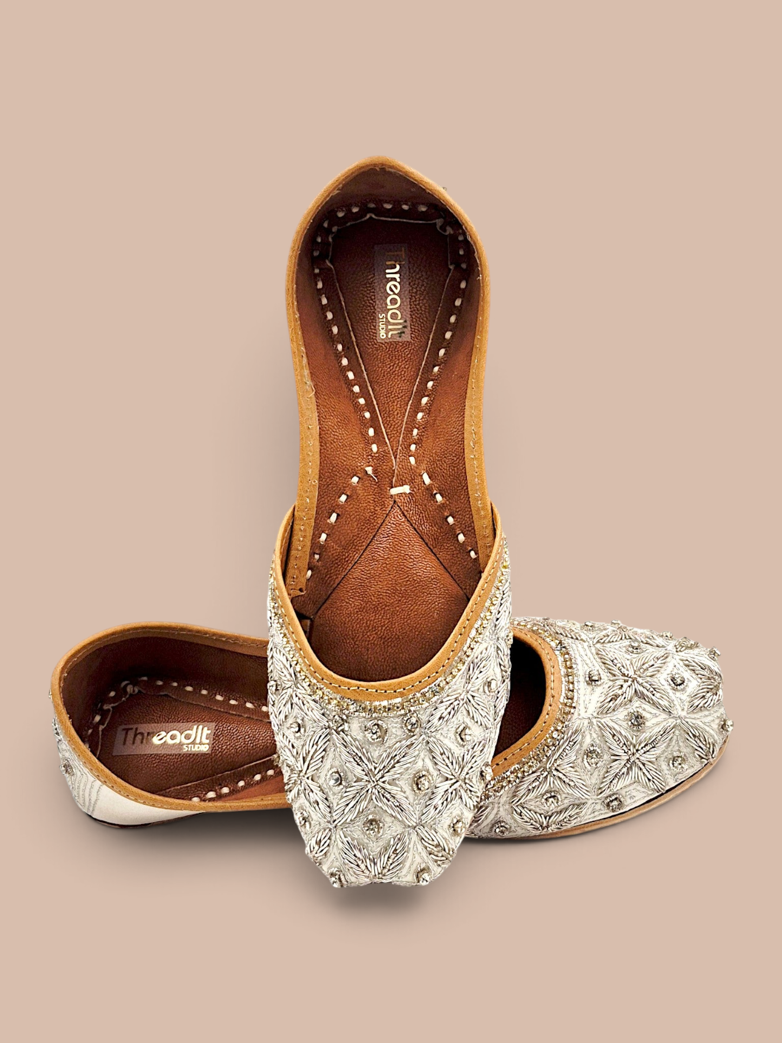ThreadItStudio silver handcrafted jutti with intricate embroidery and beadwork for bridal and ethnic party wear