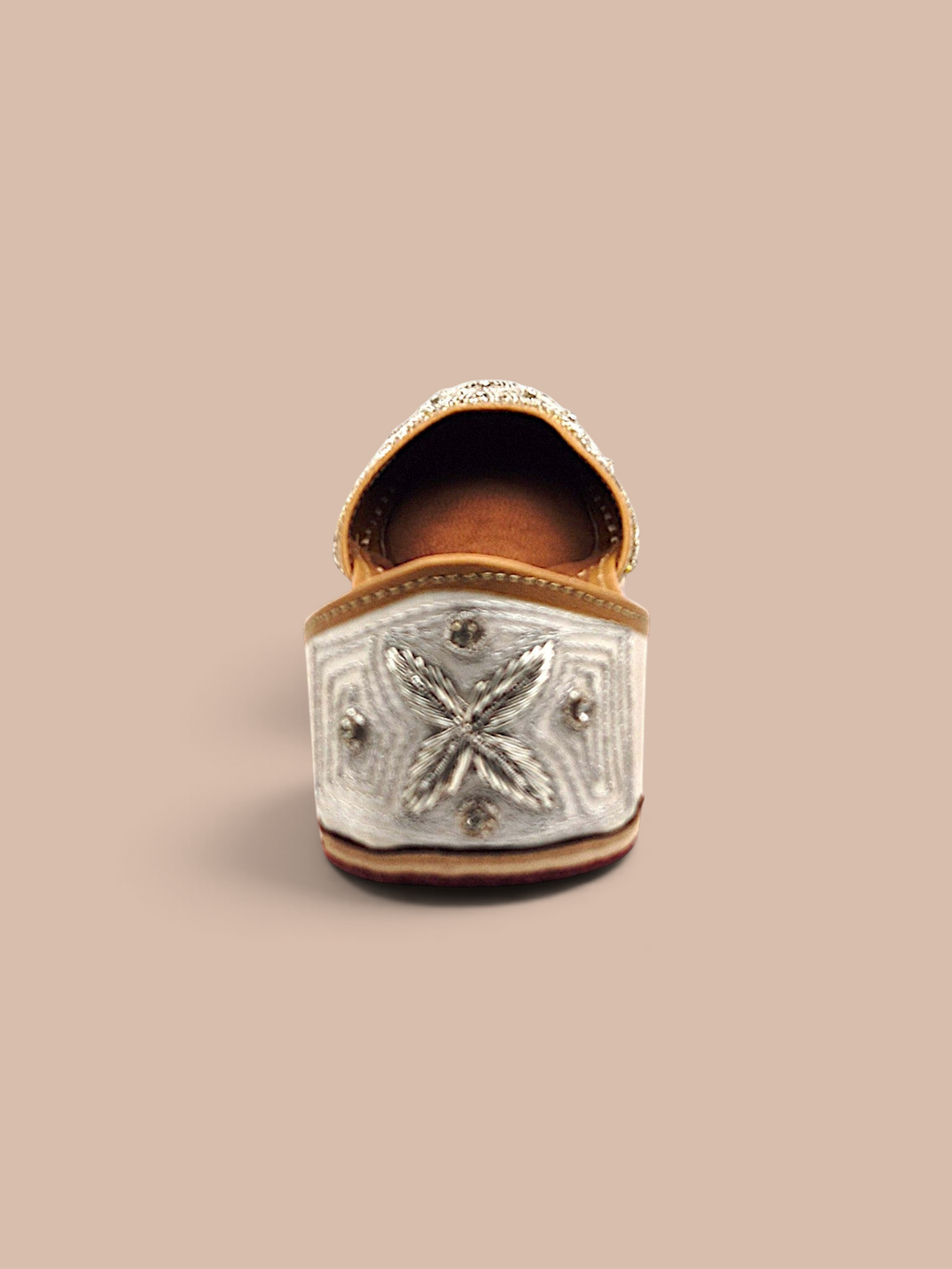 ThreadItStudio Silver Saaj Jutti featuring intricate metallic embroidery and beadwork on traditional ethnic footwear
