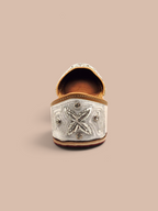ThreadItStudio Silver Saaj Jutti featuring intricate metallic embroidery and beadwork on traditional ethnic footwear