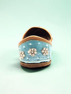 ThreadItStudio sky blue handcrafted ethnic jutti with intricate floral beadwork and embroidery on a soft fabric base