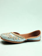 ThreadItStudio sky blue handcrafted ethnic jutti with intricate gold floral embroidery and traditional slip-on design