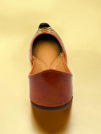 ThreadItStudio tan-brown leather jutti with gold-thread geometric embroidery and a classic curved toe box.